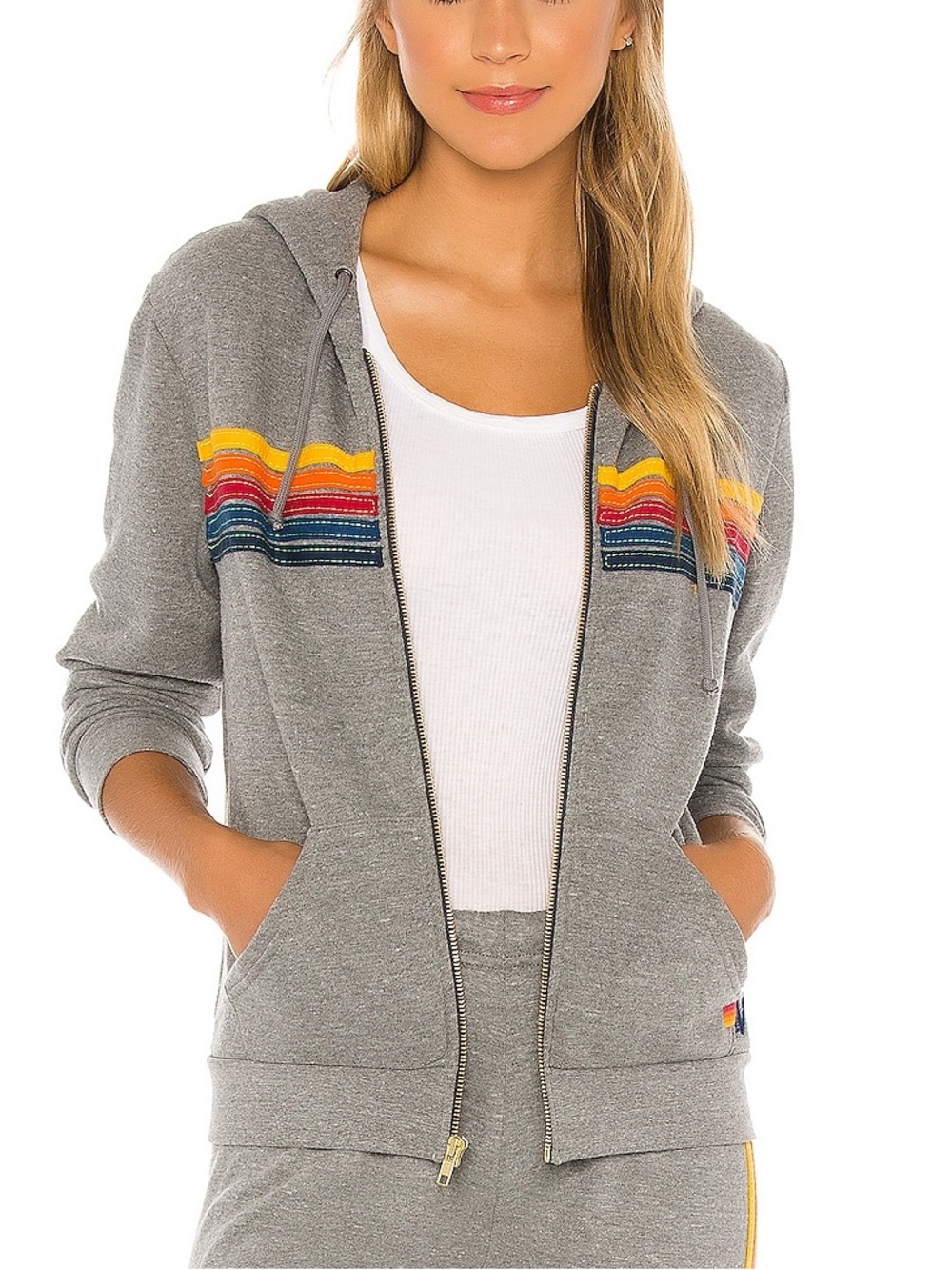 Aviator Nation 5 Stripe Zip Hoodie Sweatshirt Heather Grey Casual Women’s Small